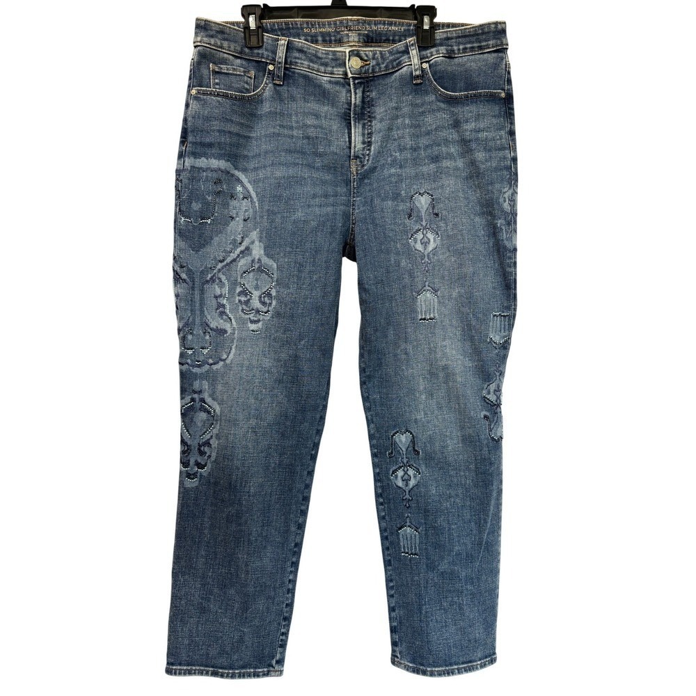 Chico's Embellished Ikat Beaded Girlfriend Ankle Jeans Distressed Size 16R Boho